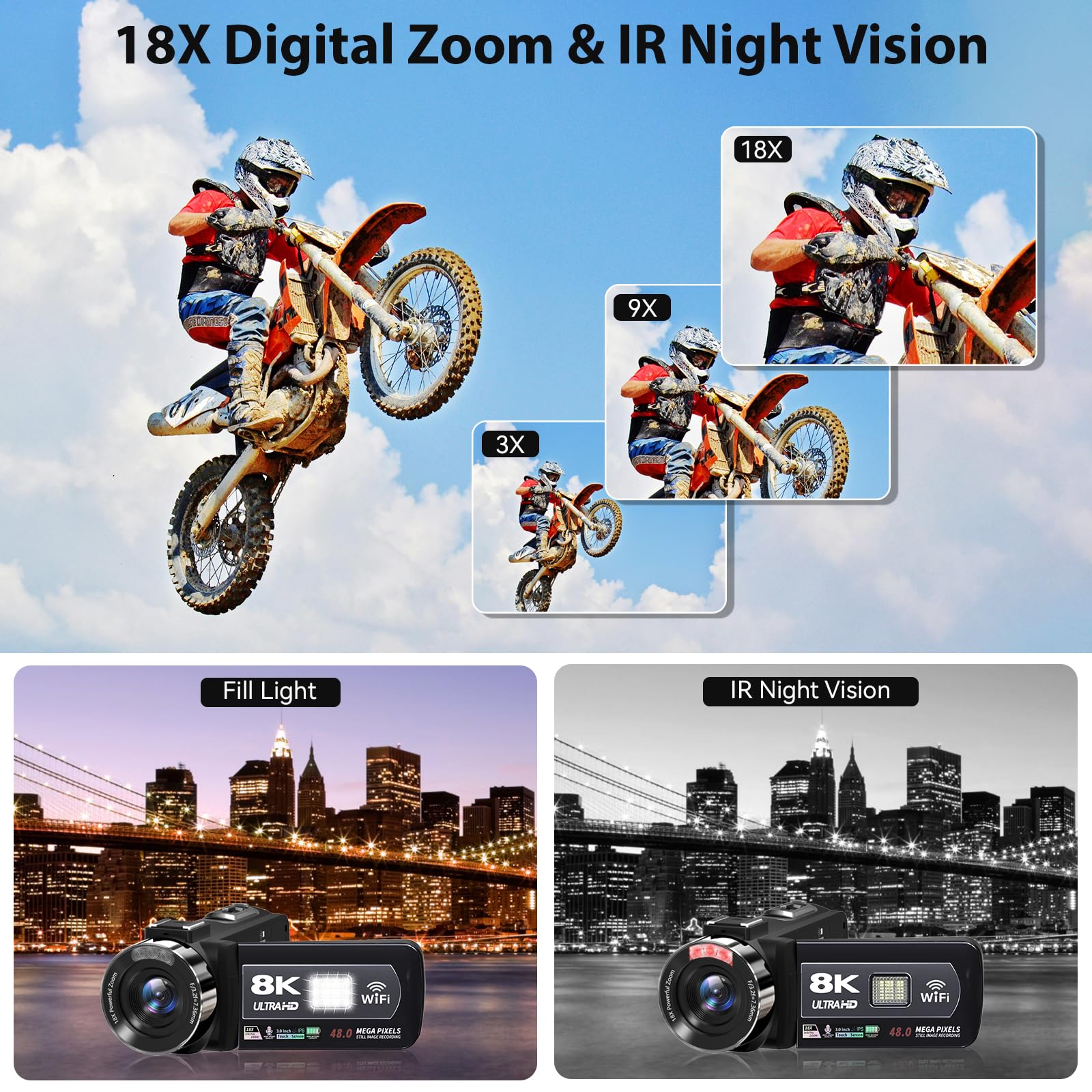 Amazon.com : Video Camera, 8K Camcorder 48MP 15FPS UHD WiFi IR